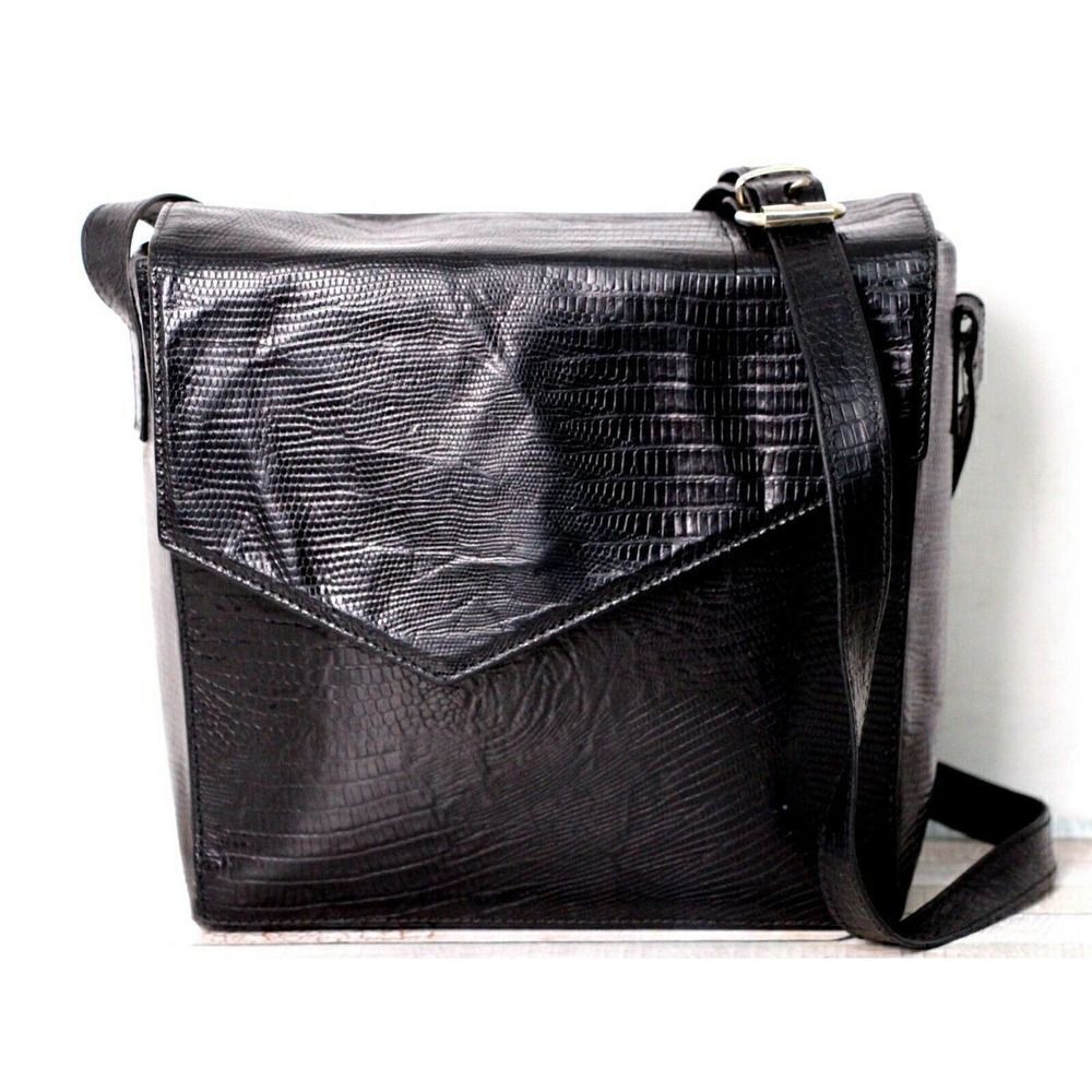VTG Nordstrom Italy SNAKE BLACK GENUINE LEATHER FLAP X-BODY SHOULDER BAG PURSE